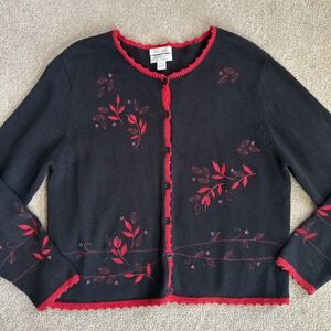 Vtg Christopher & Banks Womens Cardigan L Black Red Handmade Embroidered Holiday